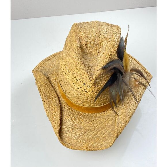 Hats by Shorer Straw Cowboy Western Hat Made in Italy Tan 7 1/8 Feather ER2316 - Picture 5 of 10